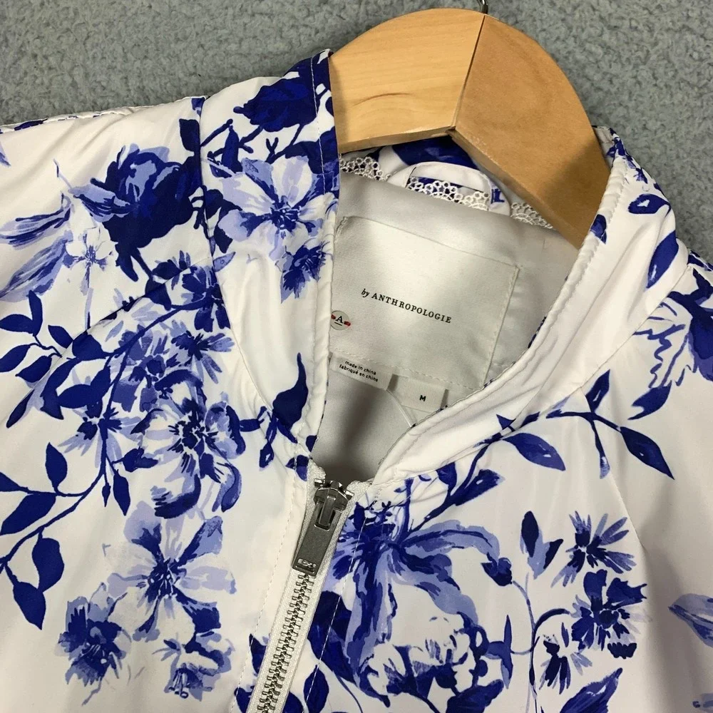 Anthropologie Bomber Jacket Women's Medium M Blue/White Cropped Floral Insulated - Picture 2 of 11